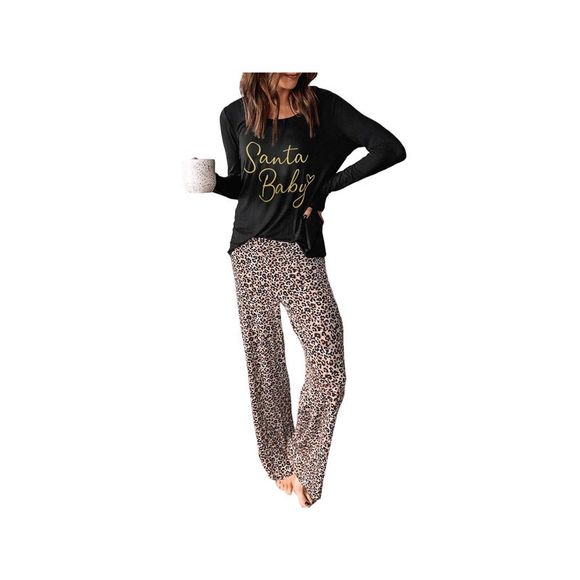 Azura Exchange  Santa Baby Leopard Print Long Sleeve Wide Leg Lounge Set - Picture 5 of 6